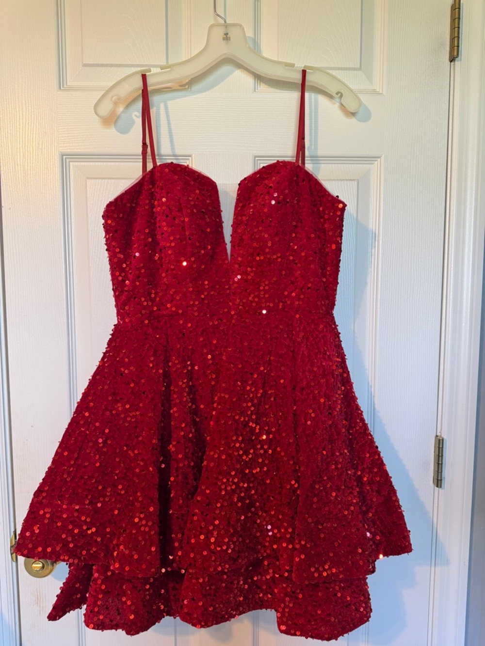 Red Sequin Spaghetti Strap Prom Dress